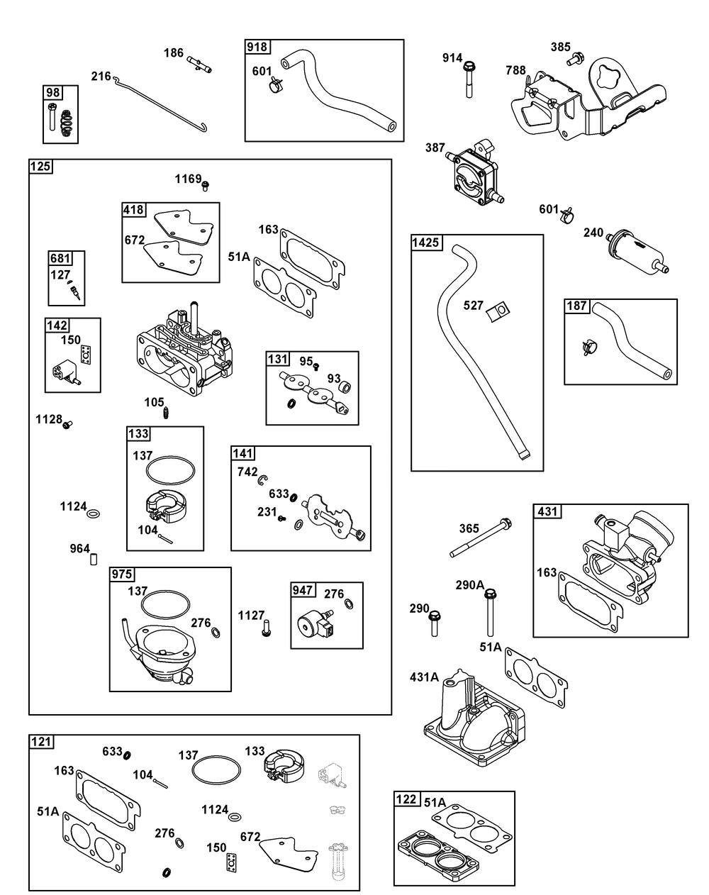 Carburetor And Fuel Supply Group Diagram and Parts List for 542477-0007-J1 400000 - 699999 Briggs and Stratton Engine